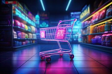 Neon lights sale. Online shopping wonderland. Cart of convenience. Exploring modern market. Glowing deals await. Shop in style. Bringing store