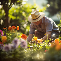 An elderly man in a hat takes care of flowers