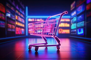 Neon lights sale. Online shopping wonderland. Cart of convenience. Exploring modern market. Glowing deals await. Shop in style. Bringing store