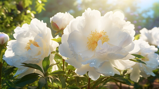 Garden of blossoming white peony flowers. AI generated image