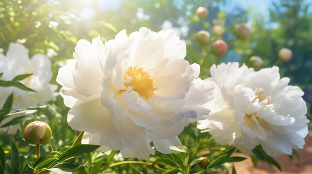 Garden of blossoming white peony flowers. AI generated image