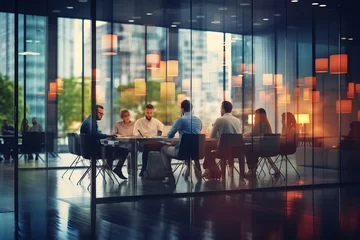 Tuinposter Blurred business people meeting in modern office building conference room, Generative AI © ekhtiar