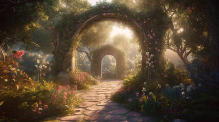 Archway in an enchanted fairy garden landscape. Generative AI