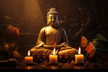 Fototapeta premium Statue of Buddha in temple with lotus and candles
