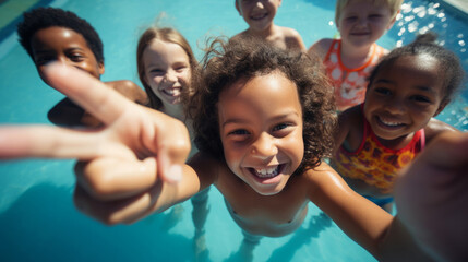 Group of diverse kids in swimming pool. Safe holiday fun activity - obrazy, fototapety, plakaty