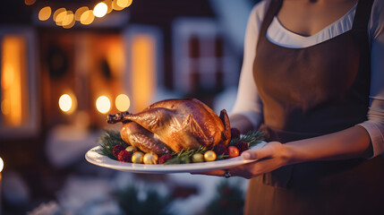 Woman holding Christmas dinner with roasted turkey. AI generated image - Powered by Adobe