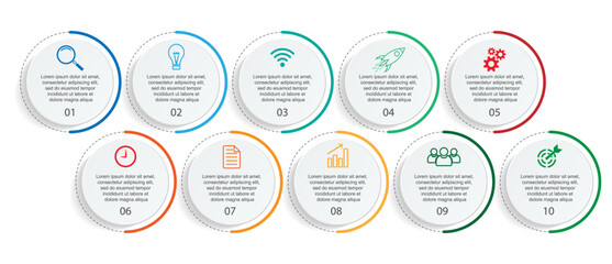 Business Infographic Template Design. Timeline with 10 marketing steps, options and icons. Vector linear infographic with ten connected elements. Can be used for presentations in your business.