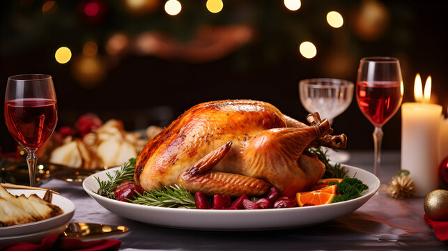 Traditional Christmas dinner with roasted turkey. AI generated image