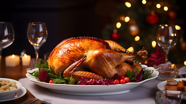 Traditional Christmas dinner with roasted turkey. AI generated image