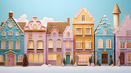 Gingerbread houses. Christmas fairy village landscape. AI generated image