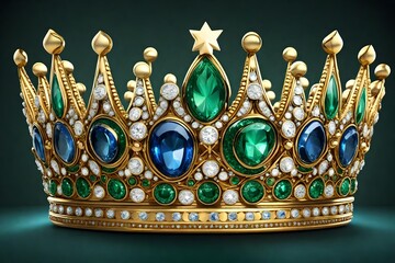 Generate an image of a regal crown adorned with shimmering diamonds, emeralds, and sapphires fit for royalty - obrazy, fototapety, plakaty