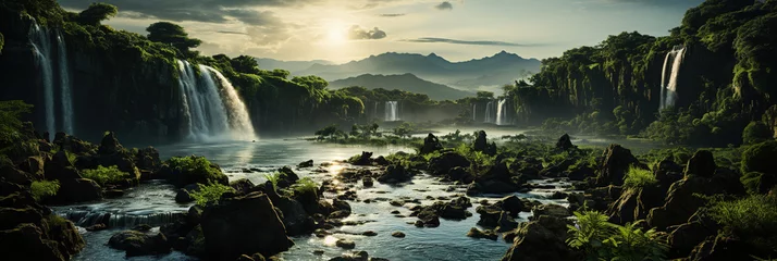 Foto op Canvas Generative AI, Beautiful green amazon forest landscape, rainforest jungle with waterfalls © DELstudio