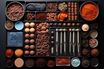 Chocolate lover's kit with assorted chocolates, cocoa powder, and chocolate-making equipment, Generative AI