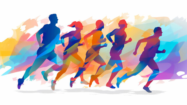 Female and male athlete runners doing a training exercise for a sports race event by jogging and running shown in a contemporary athletic abstract design, Generative AI stock illustration image