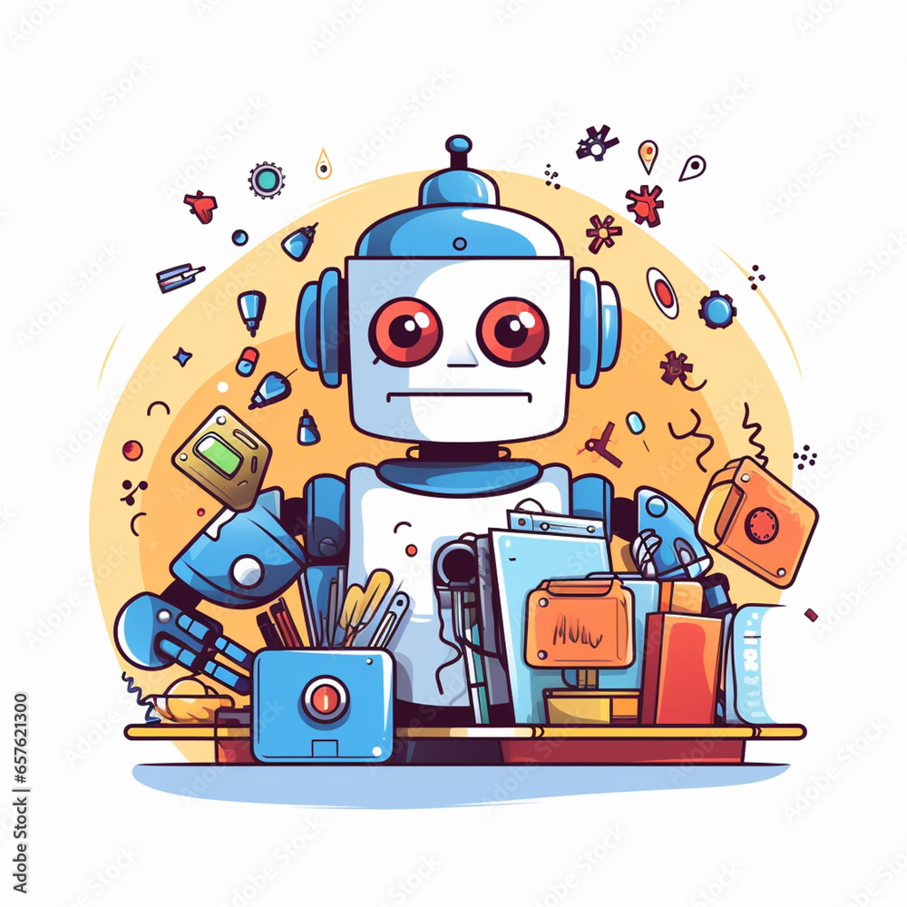 Aufkleber A line art representation of a robot holding a toolkit, implying AI's role in automation and problem-solving.
