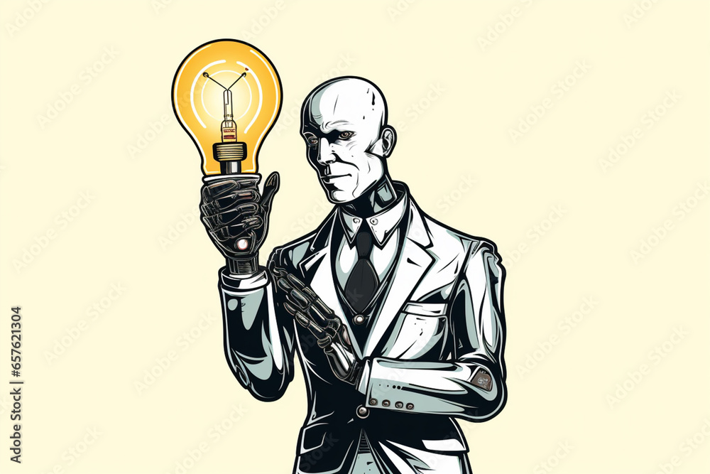 Poster a line art representation of a robot holding a lightbulb, symbolizing ai's innovative and creative p