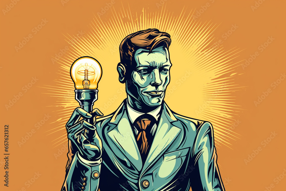 Aufkleber A line art representation of a robot holding a lightbulb, symbolizing AI's innovative and creative potential.