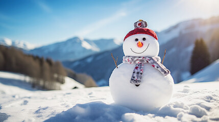 冬山の雪だるまと青空 snowman in winter mountain and blue sky - obrazy, fototapety, plakaty