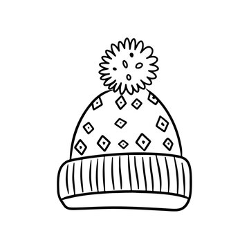 recommend clip art: Children's hat warm winter clothes. warm knitted hat with ponpon pompom with scandinavian pattern winter doodles isolated on white background drawn by line winter sticker