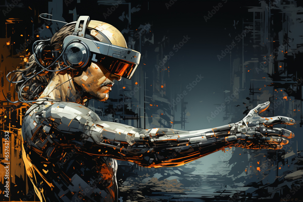 Poster a illustration of a robot arm manipulating a virtual reality headset, indicating ai's involvement in
