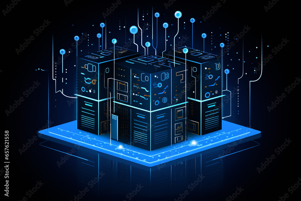 Aufkleber A  computer server rack with AI logos, symbolizing AI-powered data processing.