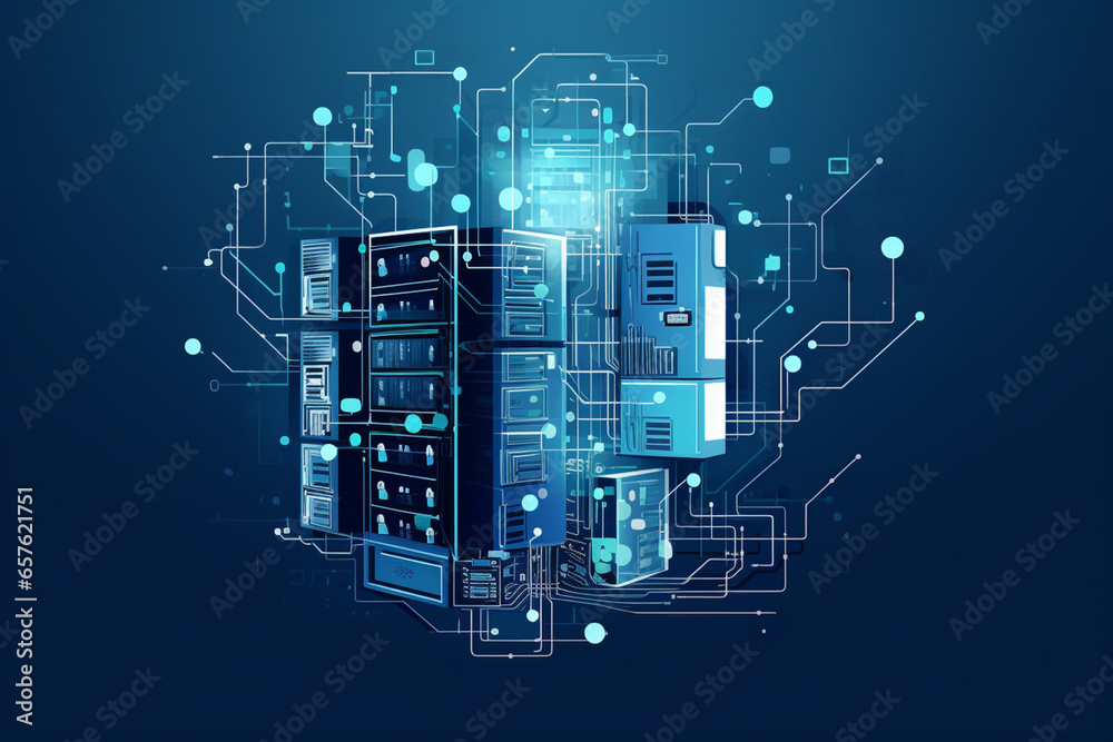 Aufkleber A  computer server rack with AI logos, symbolizing AI-powered data processing.