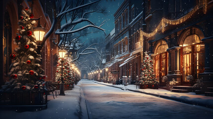 Fototapeta na wymiar Empty street decorated for Christmas. Winter wonderland. AI generated image