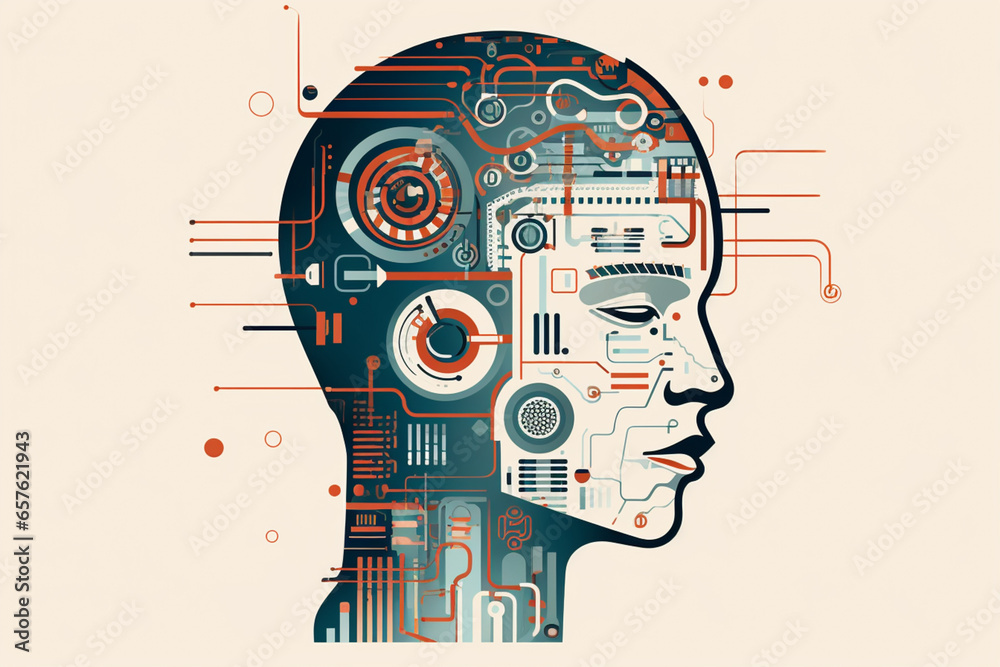 Aufkleber A line art icon of a robotic head with circuit-like patterns inside, symbolizing artificial intelligence technology.