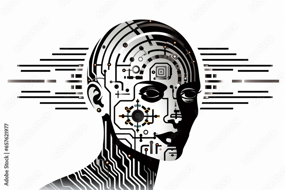 Poster A line art icon of a robotic head with circuit-like patterns inside, symbolizing artificial intelligence technology.