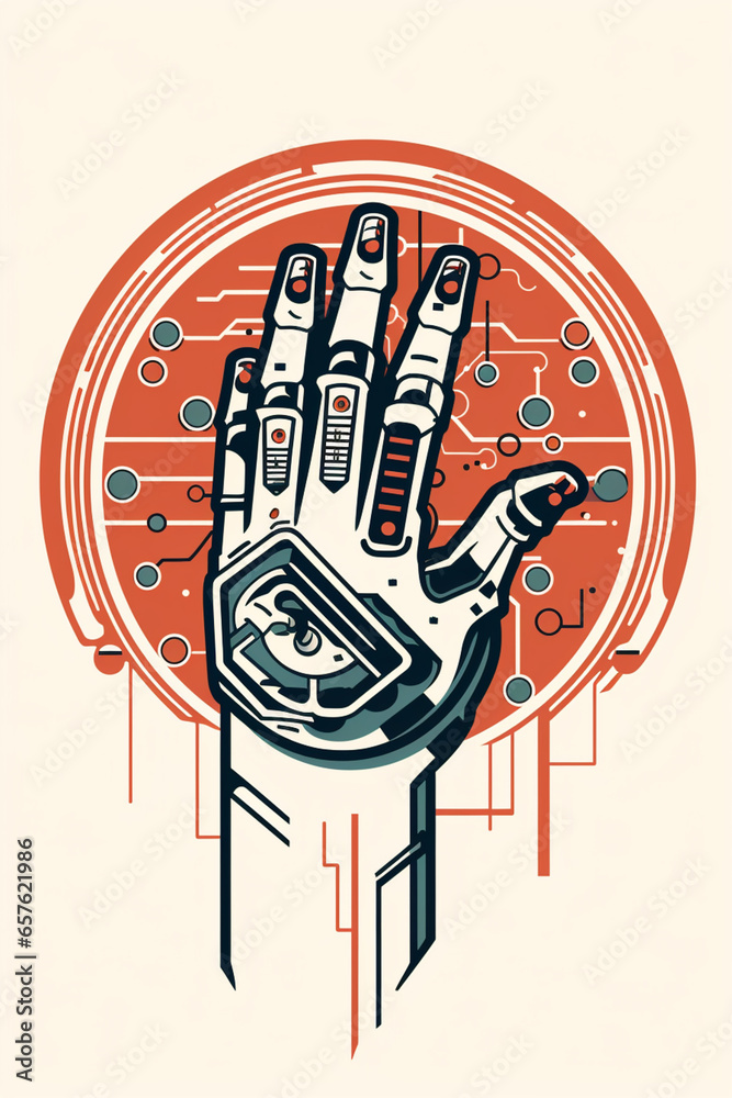 Aufkleber A line art icon of a stylized robot hand holding a microchip, depicting AI's role in automation.