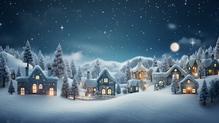 Christmas winter fairy village landscape. AI generated image - obrazy, fototapety, plakaty