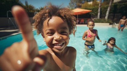 Fotobehang Group of diverse kids in swimming pool. Safe holiday fun activity © ReneBot/Peopleimages - AI