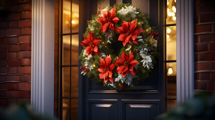 Fototapeta na wymiar Christmas spruce and poinsettia wreath on the door. AI generated image.