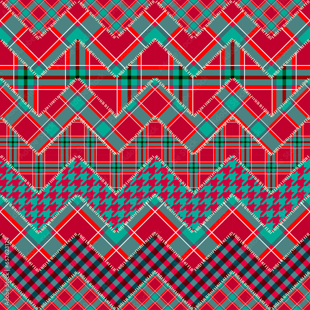 Poster Patchwork textile pattern. Seamless quilting design background. Merry Christmas cozy pattern.
