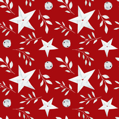 Hand drawn watercolor seamless pattern with christmas elements on red background