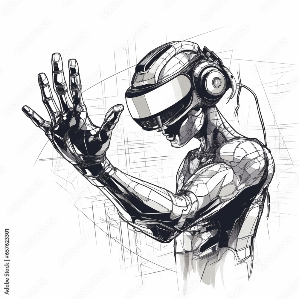 Aufkleber A line art illustration of a robot arm manipulating a virtual reality headset, indicating AI's involvement in VR technology.
