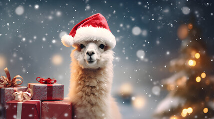 Super cute alpaca in Santa hat. Merry Christmas greeting concept. AI generated image.