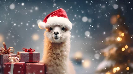 Fotobehang Super cute alpaca in Santa hat. Merry Christmas greeting concept. AI generated image. © yekaterinalim