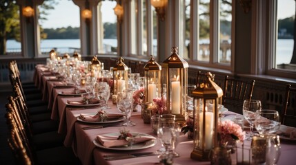 Fototapeta na wymiar Elegant reception tables decorated with pink and gold accents