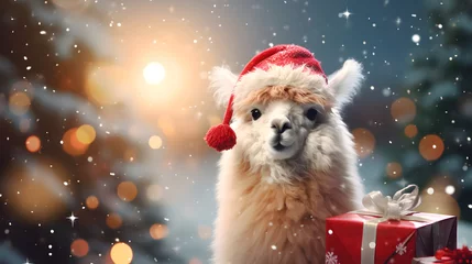 Fotobehang Super cute alpaca in Santa hat. Merry Christmas greeting concept. AI generated image. © yekaterinalim