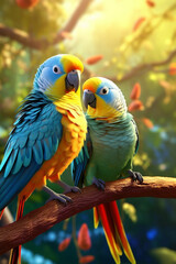 A pair of parakeets perched on a branch, showcasing the vibrant colors and lively nature of these popular pet birds. 