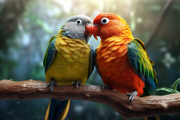 A pair of lovebirds perched side by side, symbolizing the affection and strong bond between these small parrot species and their owners. 