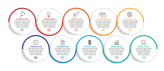 Business Infographic Template Design. Timeline with 10 marketing steps, options and icons. Vector linear infographic with ten connected elements. Can be used for presentations in your business.