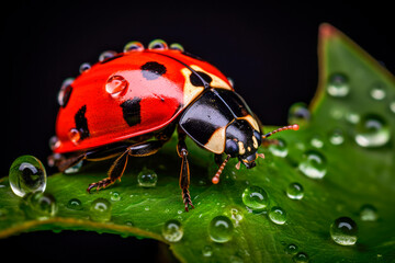 Super macro  of a Ladybug on a green leaf with a morning dew