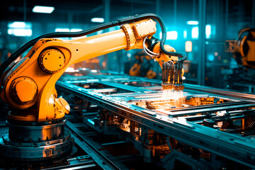 Yellow robotic arm on production line, modern industrial technology