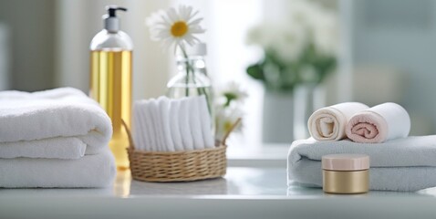 Fototapeta na wymiar Spa setup with towels and massage oil on white marble table.Macro.AI Generative