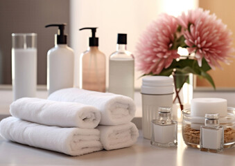 Obraz na płótnie Canvas Spa towels for relaxation with flowers and cosmetic products on light pink background.Macro.AI Generative
