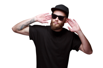 Hipster handsome male model with beard wearing black blank t-shirt with space for your logo or design over transparent background