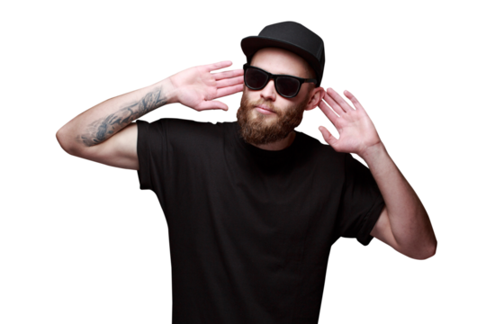 Hipster handsome male model with beard wearing black blank t-shirt with space for your logo or design over transparent background