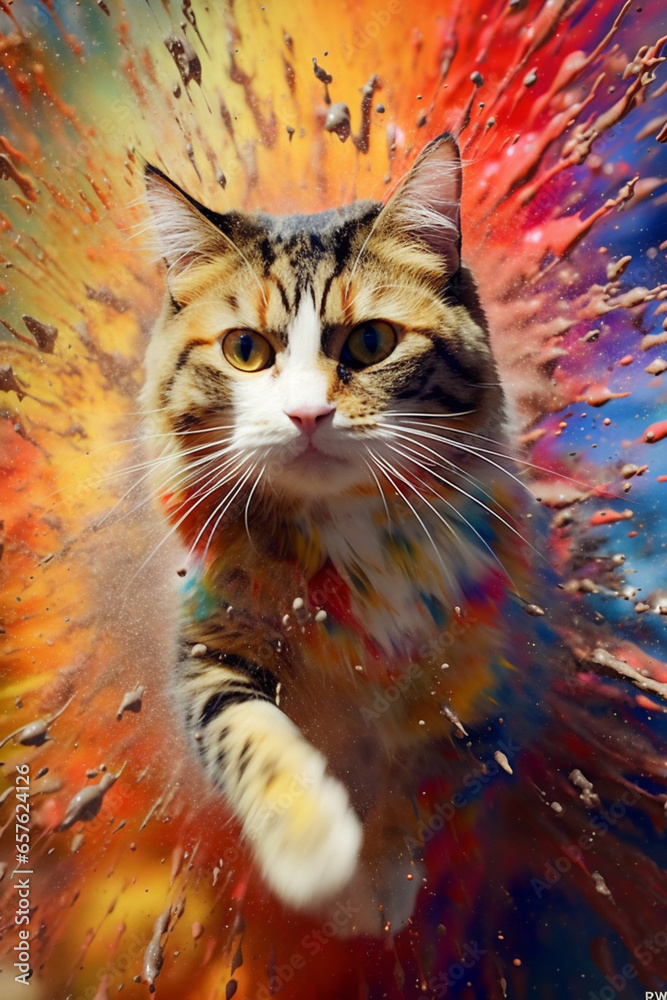 Poster an abstract surreal photograph of a cat splashed in bright paint, symbolizing freshness and health.